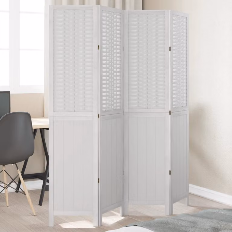 Divisorio Ambienti vidaXL a 4 Pannelli in Legno di Paulownia e Rattan Bianco Moderno H: 180 cm, L: 140 cm