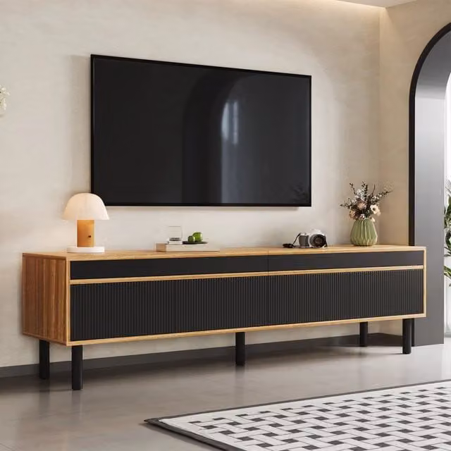 Mobile TV Zephmum in stile minimalista con 4 ante, disponibile in nero o legno naturale, L: 170 cm, P: 38 cm, H: 47 cm – 1