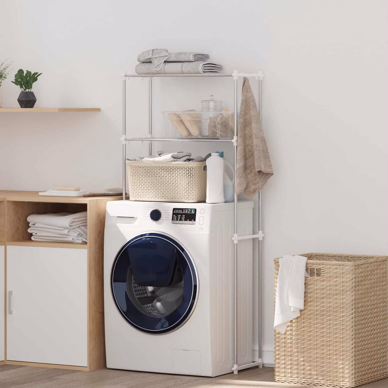 vidaXL Mensola per lavatrice moderna in metallo Bianco L: 70 cm, P: 27 cm, H: 136 cm