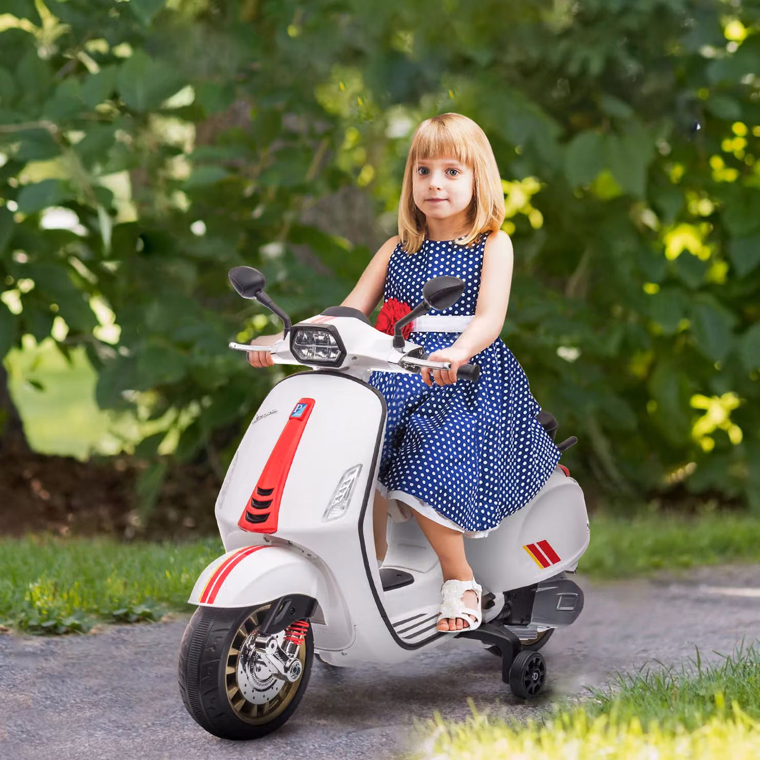 Moto elettrica Vespa AIYAPLAY per bambini, colore bianco, con musica, luci e radio, velocità 3 km/h, ideale per età 3-6 anni – 2