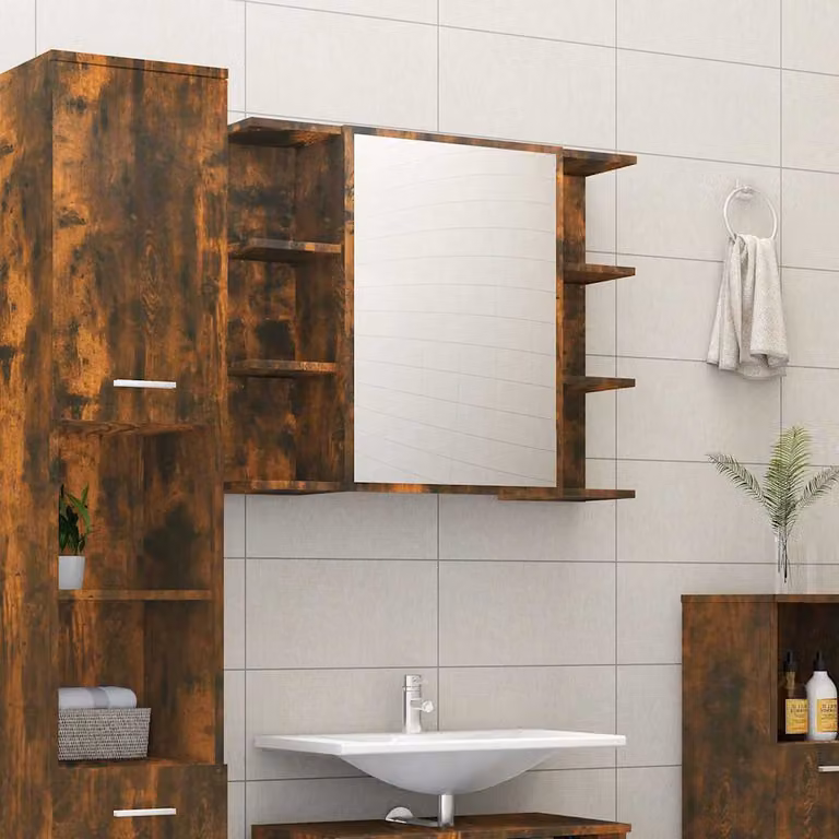 Mobile bagno con specchio vidaXL in legno multistrato e MDF, colore rovere fumo, L 80 cm x P 20,5 cm x H 64 cm