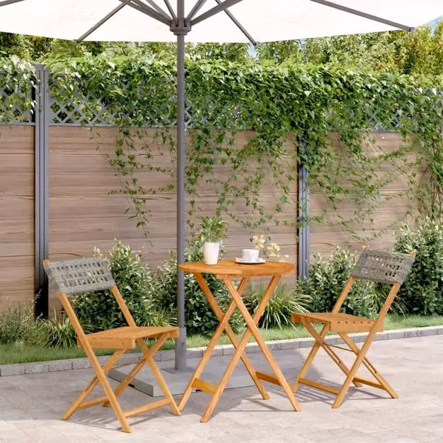 Set da Bistrot vidaXL 3 pz in Polyrattan e Legno di Acacia Grigio e Marrone con Tavolo Rotondo Pieghevole – 1