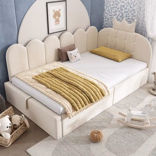 Letto singolo imbottito 90 × 200 cm contenitore idraulico in velluto beige con rete a doghe