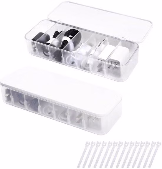 Set di organizzazione per cavi Ibbenzoa® – 2 contenitori trasparenti (ognuno con 7 scomparti regolabili), 14 fascette per cavi, materiale: ABS/PP, dimensioni: 9 x 26 x 5 cm, organizer da scrivania