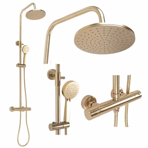 Rea - Colonna Doccia Con Termostato Parot Brushed Gold Sistema Doccia In Ottone Per Bagno (Oro) 45x27x120cm