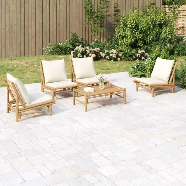 Set Salotto da Giardino 5pz con Cuscini Bianco Crema in Bambù 3156487