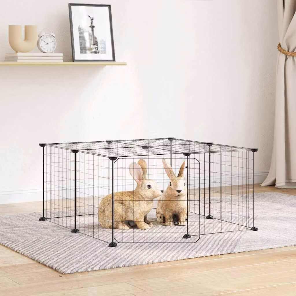 Gabbia per animali vidaXL in acciaio con 12 pannelli e porta, colore nero, L 70 cm x P 70 cm x H 35 cm