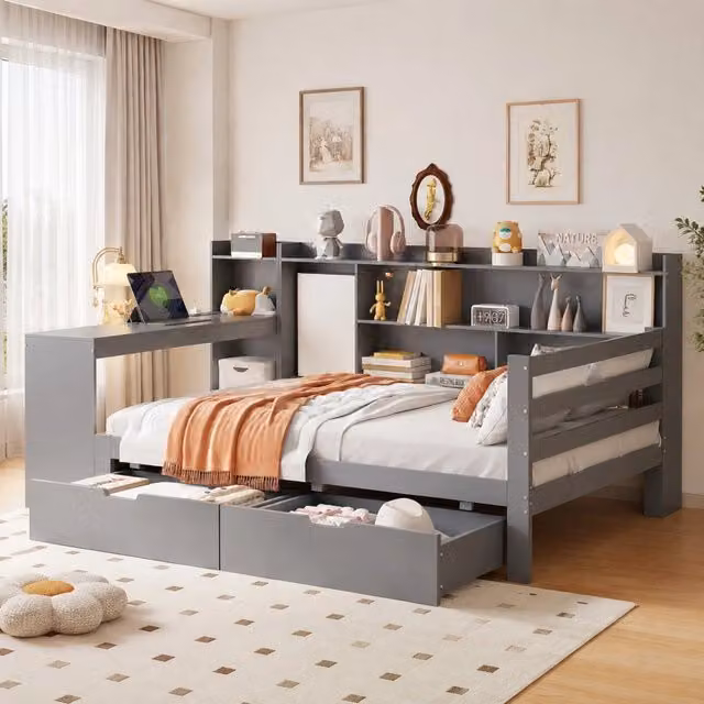 Letto Mivray moderno in legno grigio con cassetti, scrivania, libreria e prese USB, dimensioni 90 x 200 cm