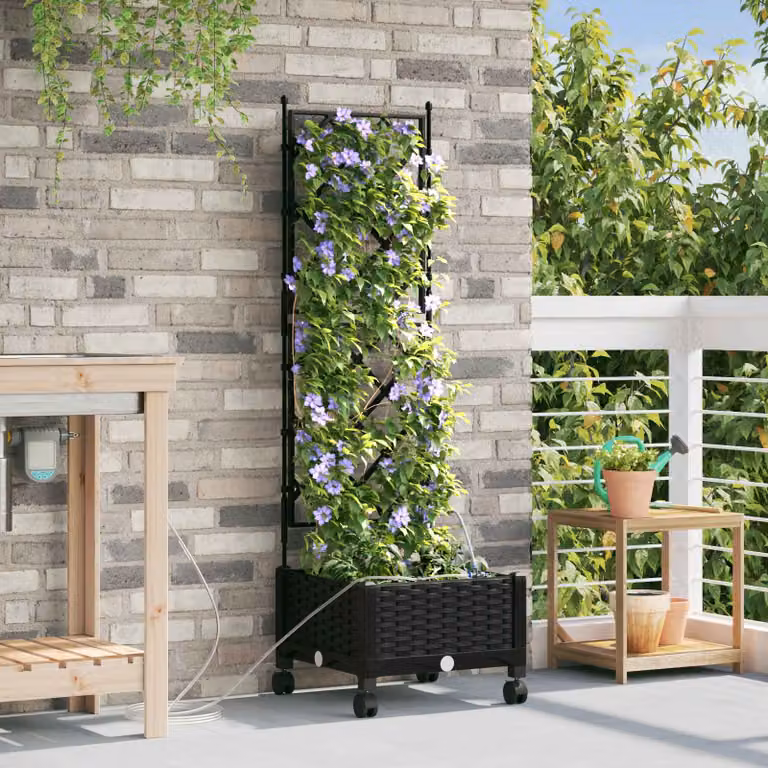 vidaXL Vaso da Giardino con Irrigazione e Ruote Nero L/P/H: 40 x 40 x 132 cm