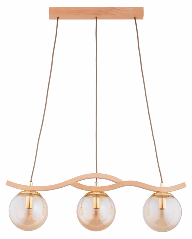 Lampada a sospensione FORES in legno chiaro, ambra e oro, 3xE14x10W, legno, dimensioni: 85x15x68 cm, IP20, Alfa