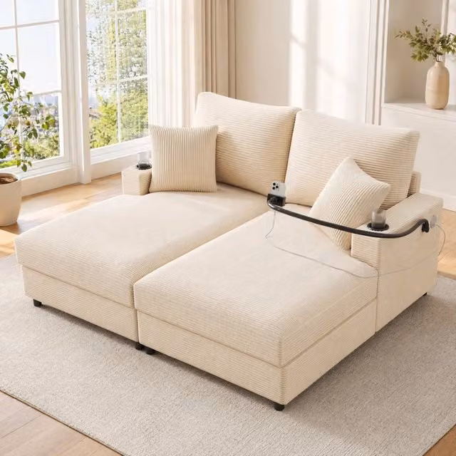 Divano 2 posti modulare con funzione relax; USB e USB-C; porta telefono e portabicchieri; 163 cm beige