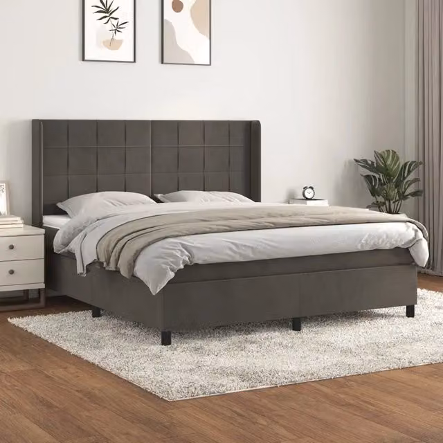Letto Ibrido vidaXL con Giroletto a Molle e Materasso in Velluto Grigio e Bianco, Struttura in Legno di Larice, L/P/H: 160 x 200 x 128 cm – 1