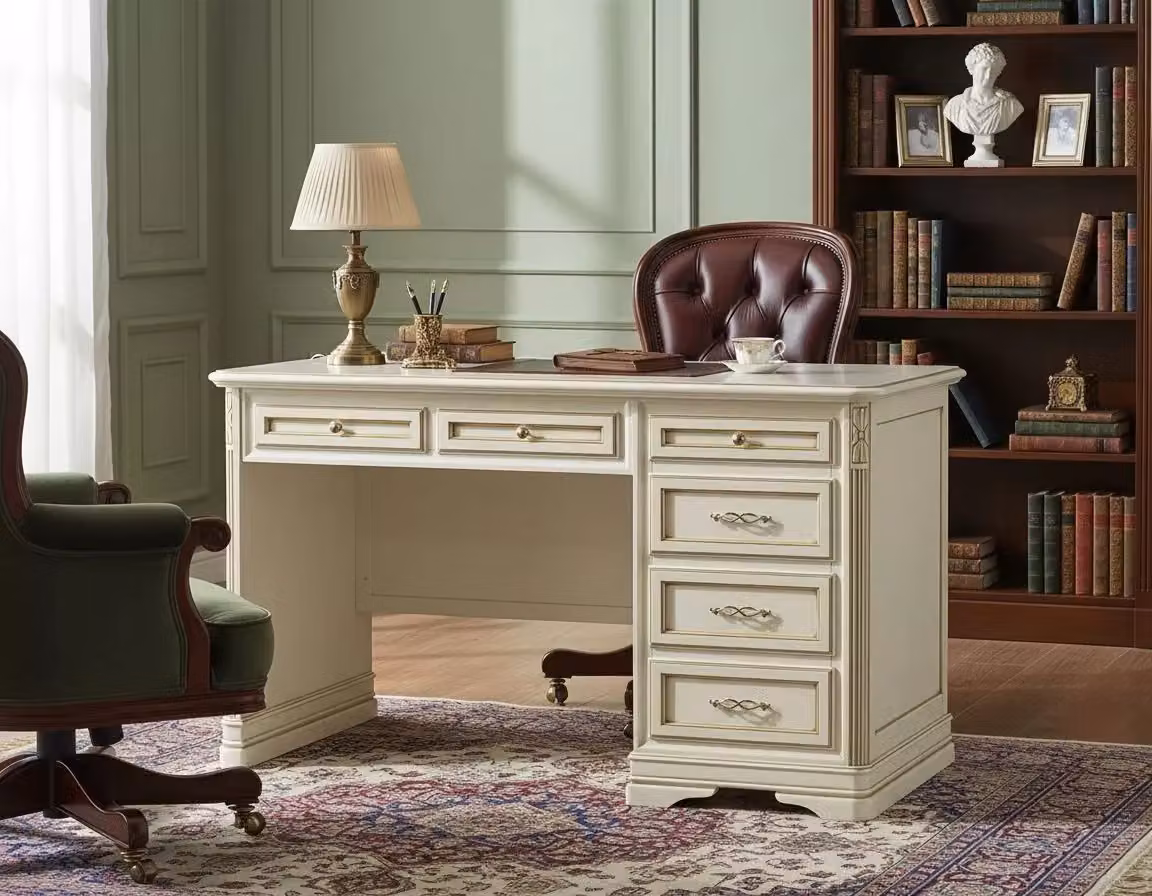 Scrivania shabby chic in legno con 6 cassetti Mobili 2G bianco oro argento L: 140 cm, P: 85 cm, H: 82 cm – 2