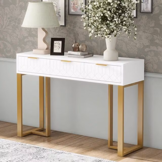 Consolle moderna Minimal con cassetti in bianco e oro, L 100 x P 35 x H 78 cm