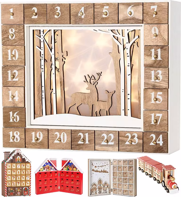 Calendario dell'Avvento BRUBAKER Legno Foresta Natura Bianca con illuminazione LED 35,5 x 6 x 27 cm