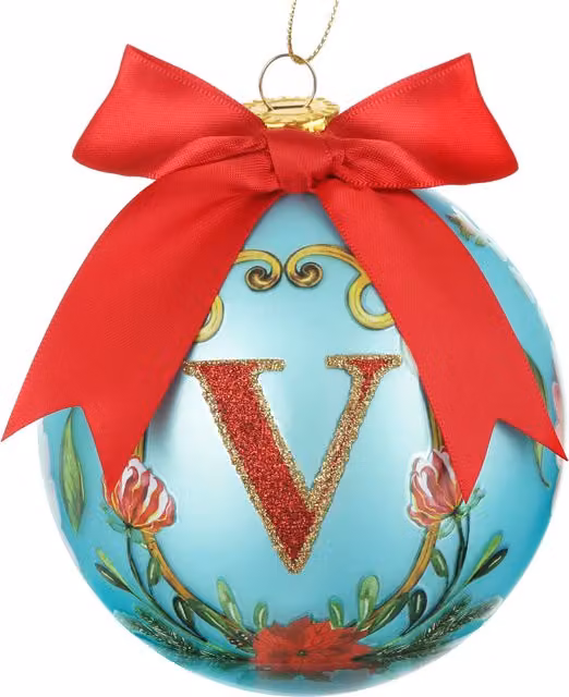 Pallina di Natale con lettera V blu a tema floreale KASANOVA Diametro: 10 cm – 1