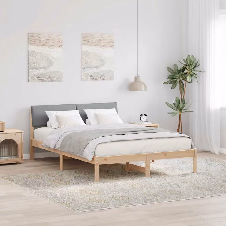Struttura del letto moderna vidaXL in legno di pino con tessuto marrone e grigio L: 140.5 cm, P: 200 cm, H: 78.5 cm