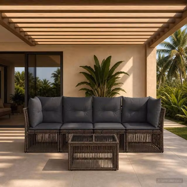 Set Divano da Giardino a L con Tavolino vidaXL, 5 Pezzi in Polyrattan Grigio con Cuscini Imbottiti e Struttura in Acciaio – 1
