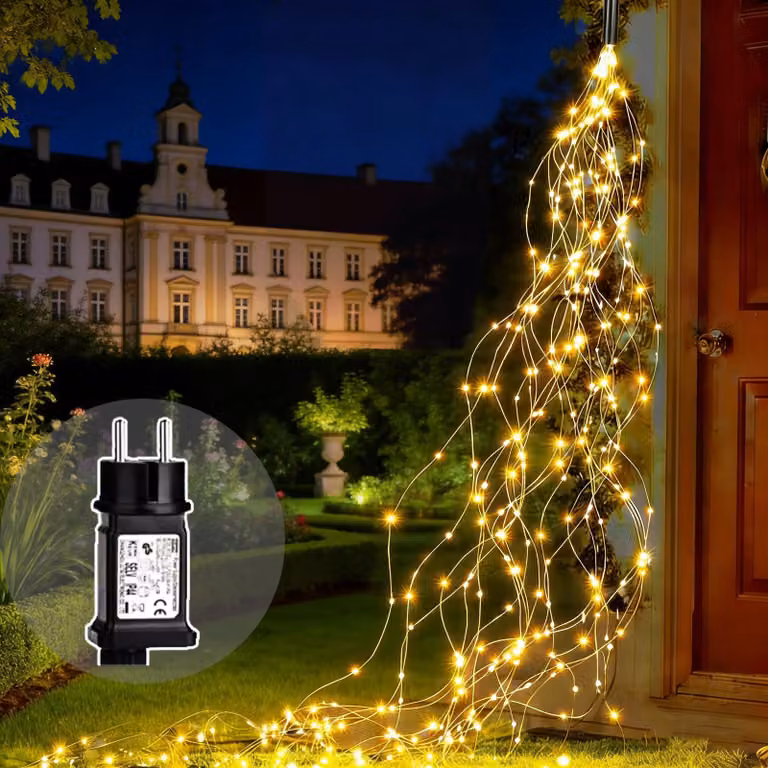Catena luminosa da 2 metri, 200 LED bianco caldo, con timer, grado di protezione IP65, alimentazione a corrente