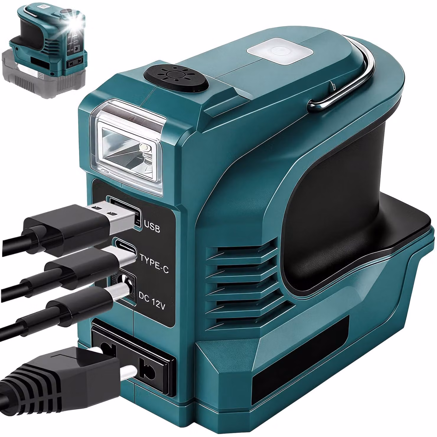 Convertitore da 12V a 220V da 220W, compatibile con batterie da 18V, dotato di porta USB e luce a LED