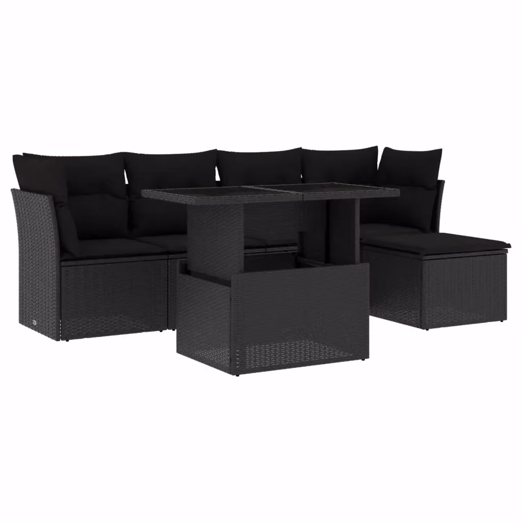 Set Divano da Giardino vidaXL 6 pz a Forma a L con Cuscini Nero e Tavolino in Vetro – 2