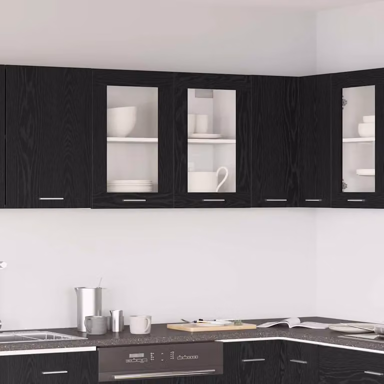 Armadio pensile da cucina moderno vidaXL Lyon con ante in vetro, colore nero, L 80 x P 31 x H 60 cm