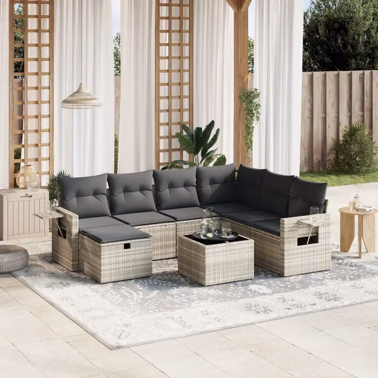 Set Divano da Giardino a L vidaXL 8pz con Cuscini Grigio con Tavolino e Ottoman in Polyrattan e Acciaio