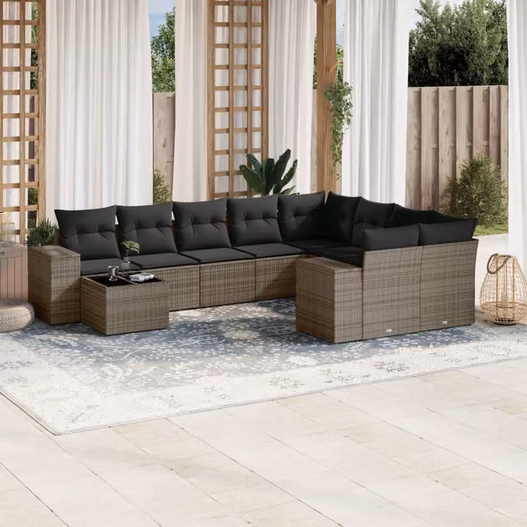 vidaXL Set Divano da Giardino a L 10 pz con Cuscini Grigio in Polyrattan e Tavolino da Caffè