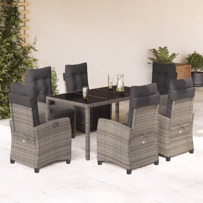 Set da pranzo da giardino vidaXL in polyrattan grigio con cuscini e tavolo in vetro, 7 pezzi