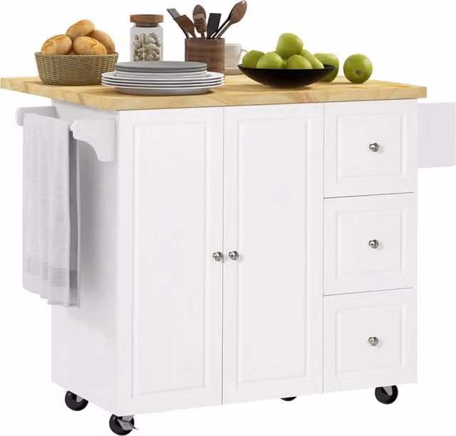 Isola da cucina HOMCOM bianca con piano di lavoro ribaltabile, 3 cassetti, armadio, porta asciugamani e porta spezie, L: 111,5 cm, P: 75 cm, H: 89 cm – 1