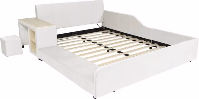 Letto imbottito per bambini con scrivania, sgabello e ripiano, tessuto velluto bianco 140x200 cm
