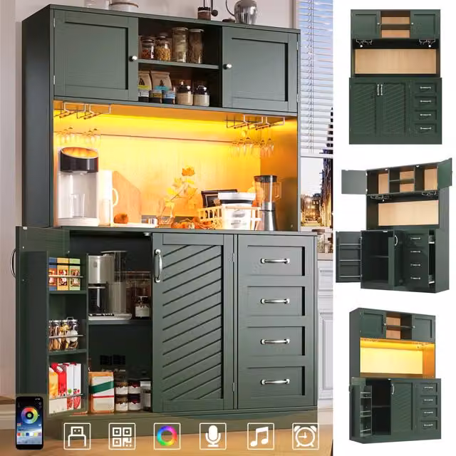 Mobile contenitore 120x40x188 cm, 4 ante e 2 grandi cassetti, illuminazione LED, ripiano snack e portabottiglie, verde/nero/bianco