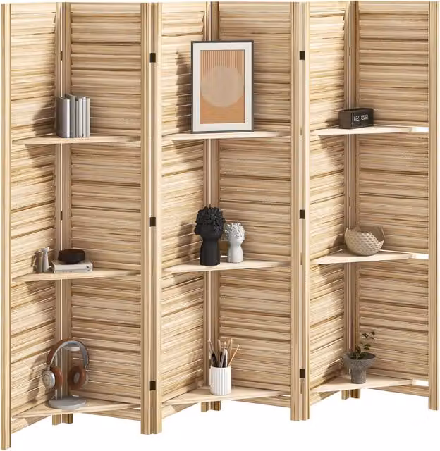 Separatore di ambienti pieghevole paravento in legno di paulownia con 3 ripiani a 4 pannelli effetto bruciato 160 x 170 cm