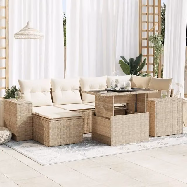 Set Divani da Giardino 7 pz con Cuscini Beige in Polyrattan 3326829