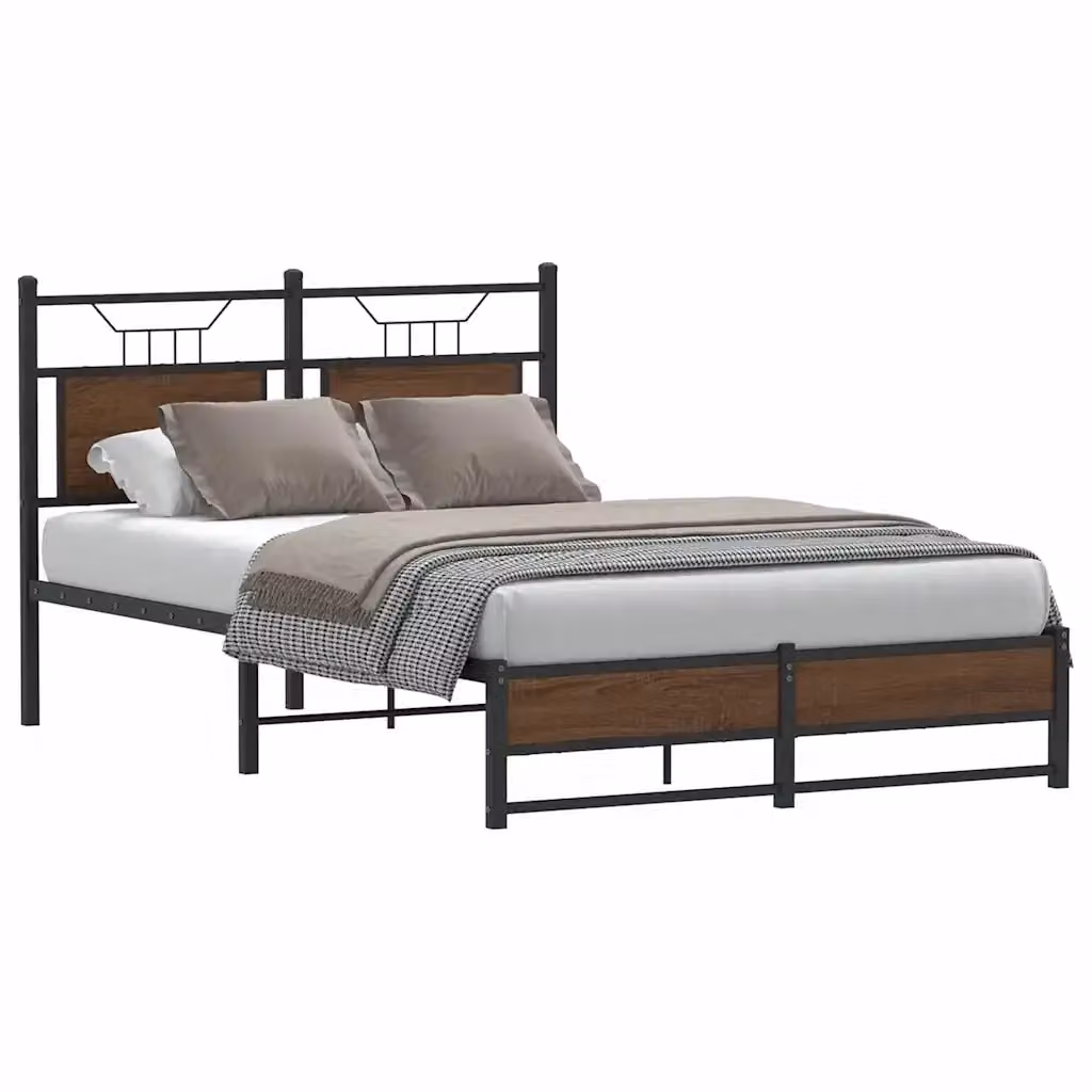 Letto matrimoniale in stile industrial con struttura in legno rovere e metallo, colore marrone, L/P/H: 200 x 120 x 91.5 cm – 2