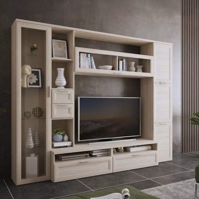 Parete Attrezzata Modulabile DMORA Carenno per Soggiorno in Legno e Vetro, Marrone Olmo e Beige