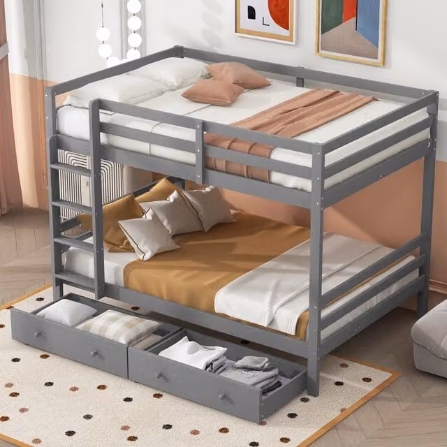 Letto a castello 140 × 200 cm 2 posti con cassetti rimovibili, scala laterale e sponde alte, senza materasso, grigio