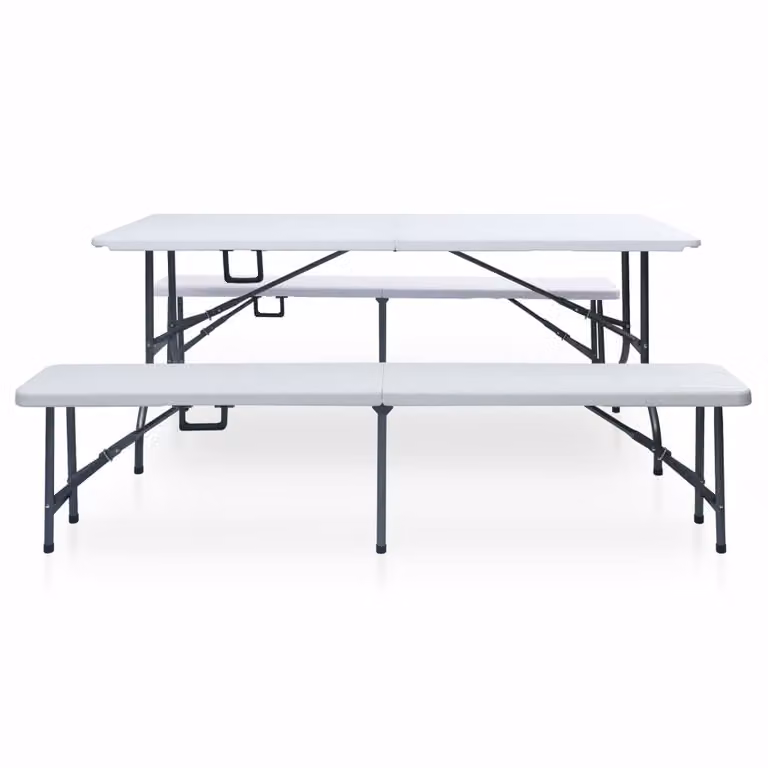 vidaXL Tavolo da giardino pieghevole con 2 panche 180 cm acciaio e HDPE bianco