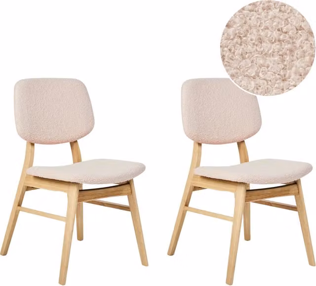 Set di 2 sedie da pranzo in tessuto beige e legno chiaro stile retrò senza braccioli