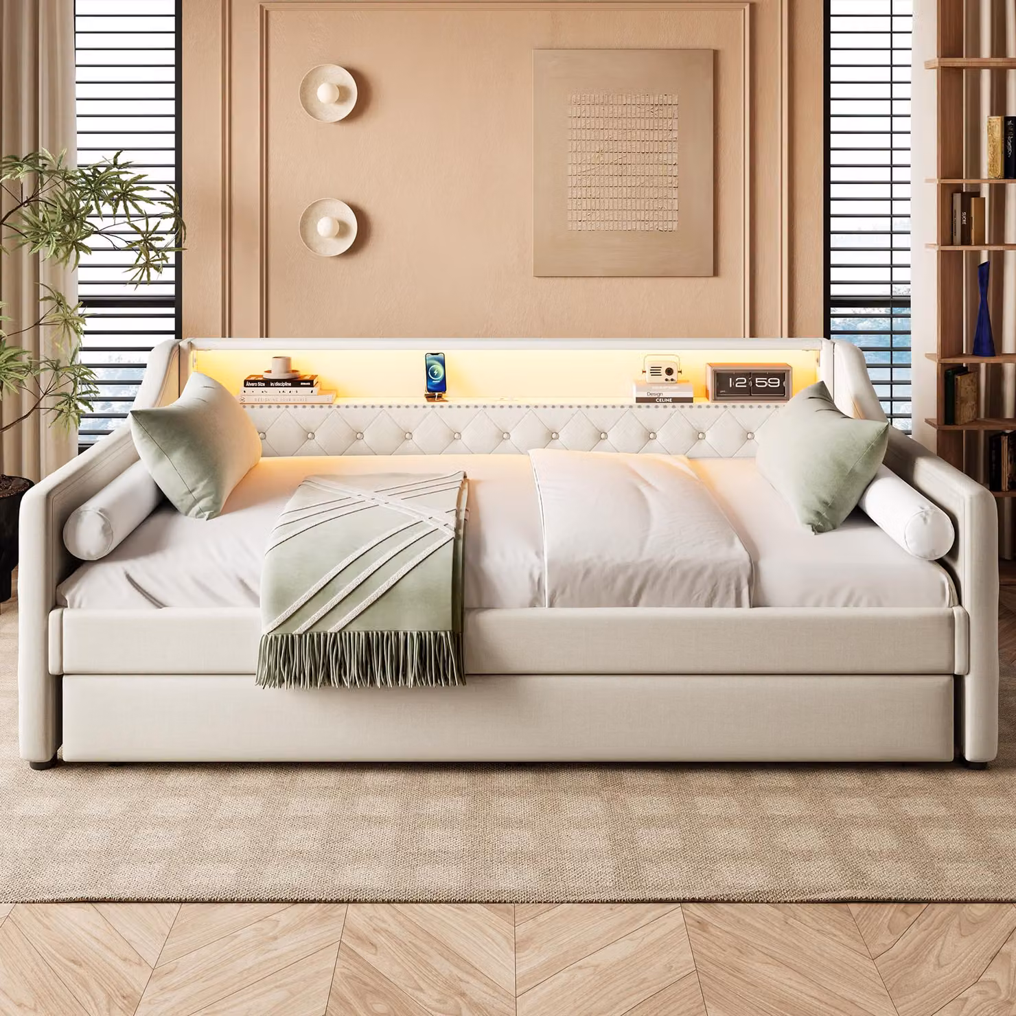 okwish divano letto 90x200 letto per giovani con illuminazione a LED e porte di ricarica USB, letto da giorno con letto estraibile / rete a doghe, beige (senza materasso)