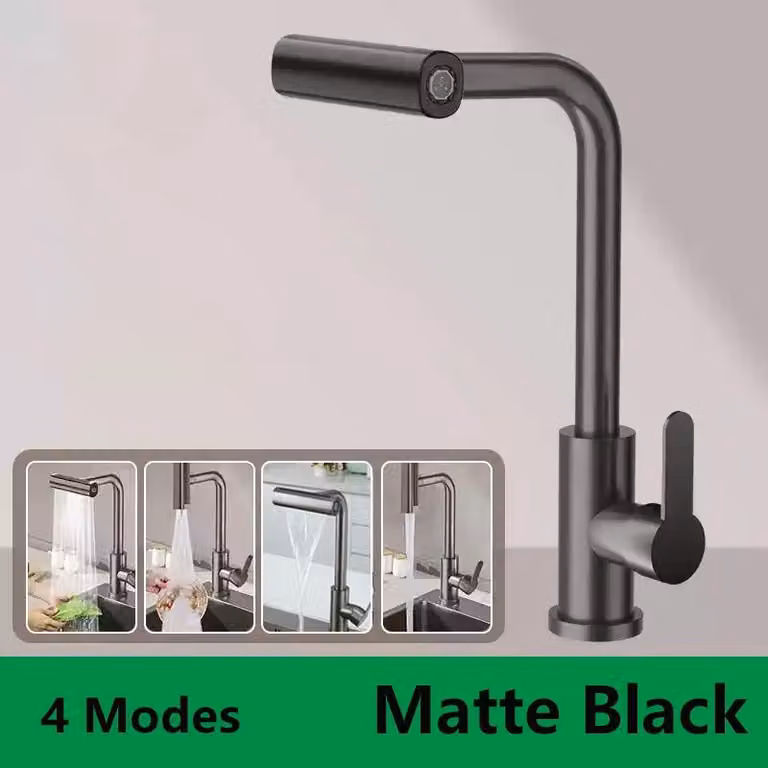 Rubinetto da cucina - Rubinetto estraibile per lavello - Orientabile a 360° - Miscelatore caldo/freddo - Due tipi di getto (spruzzo/perlatore) - Cartuccia in Vetroceramica - Acciaio inossidabile - Nero opaco