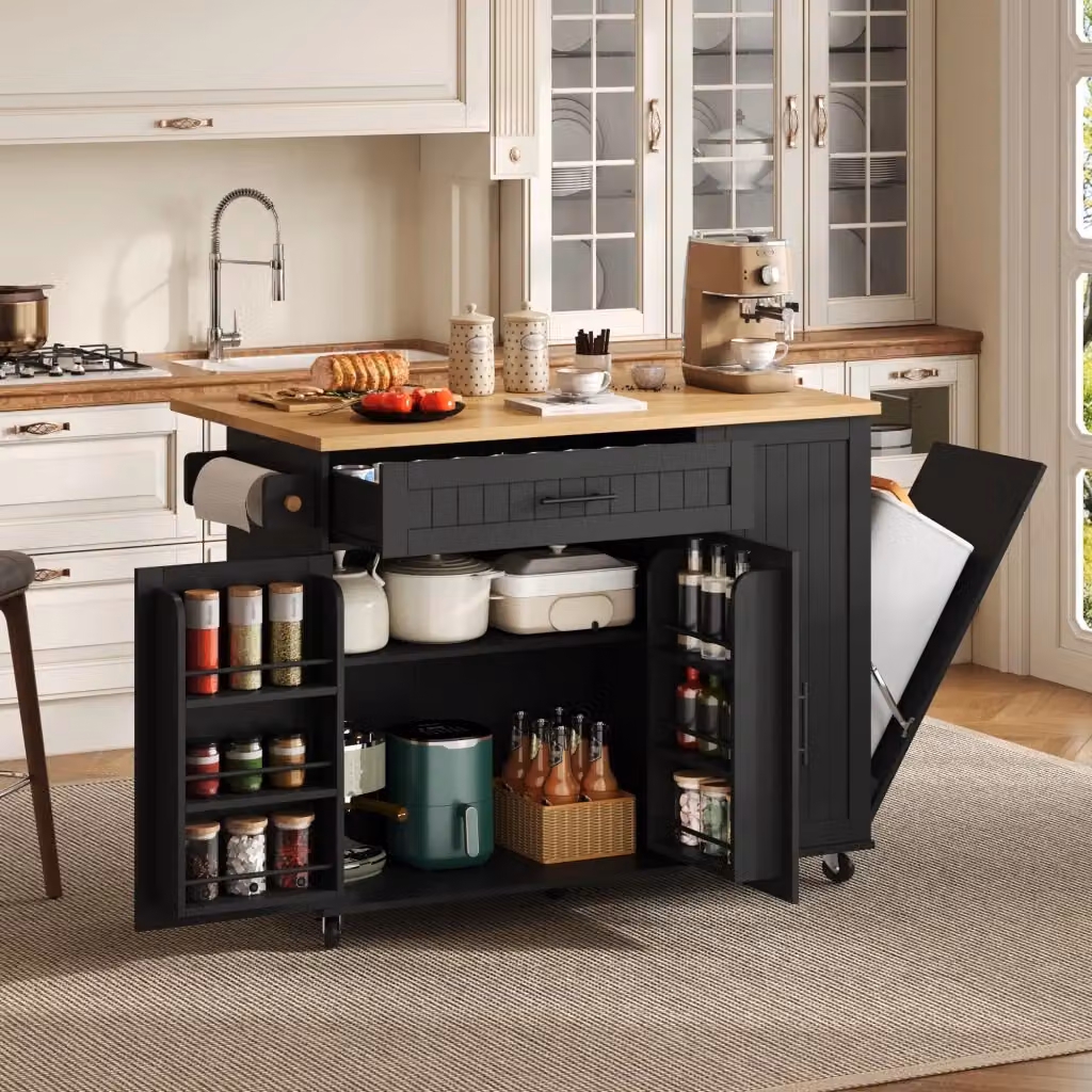 Isola cucina mobile moderna con piano ribaltabile e vano rifiuti in MDF nero L: 130 cm, P: 70 cm, H: 93 cm – 2