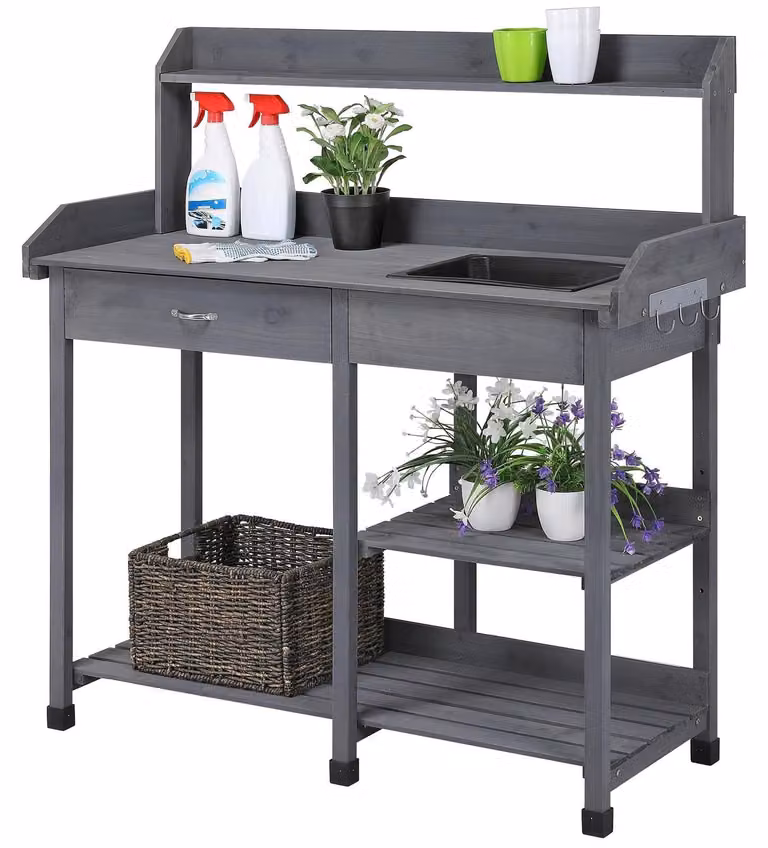 Tavolo per piante da giardino con lavello - Ripiano regolabile - Grigio - 84,5 cm altezza di lavoro