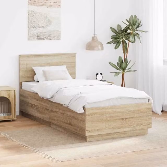 Letto con testiera e giroletto Design In in legno color rovere, L: 70 cm, H: 210 cm, P: 190 cm