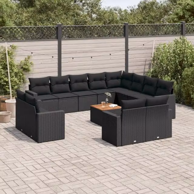 Set di Divani da Giardino a Forma di U con Cuscini vidaXL in Polyrattan Nero e Legno di Acacia