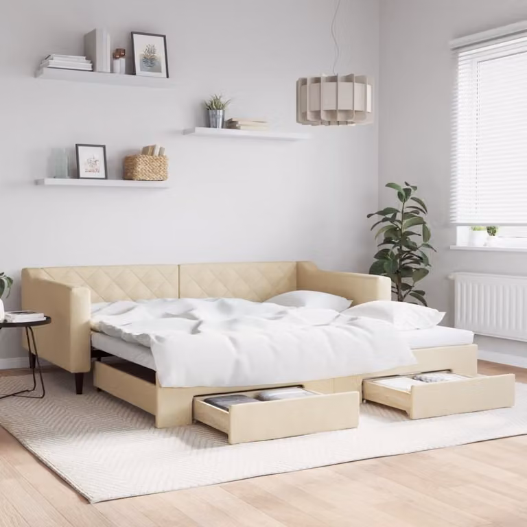 Maison Exclusive - Divano letto estraibile con cassetti, color crema, 100x200 cm, rivestimento in tessuto
