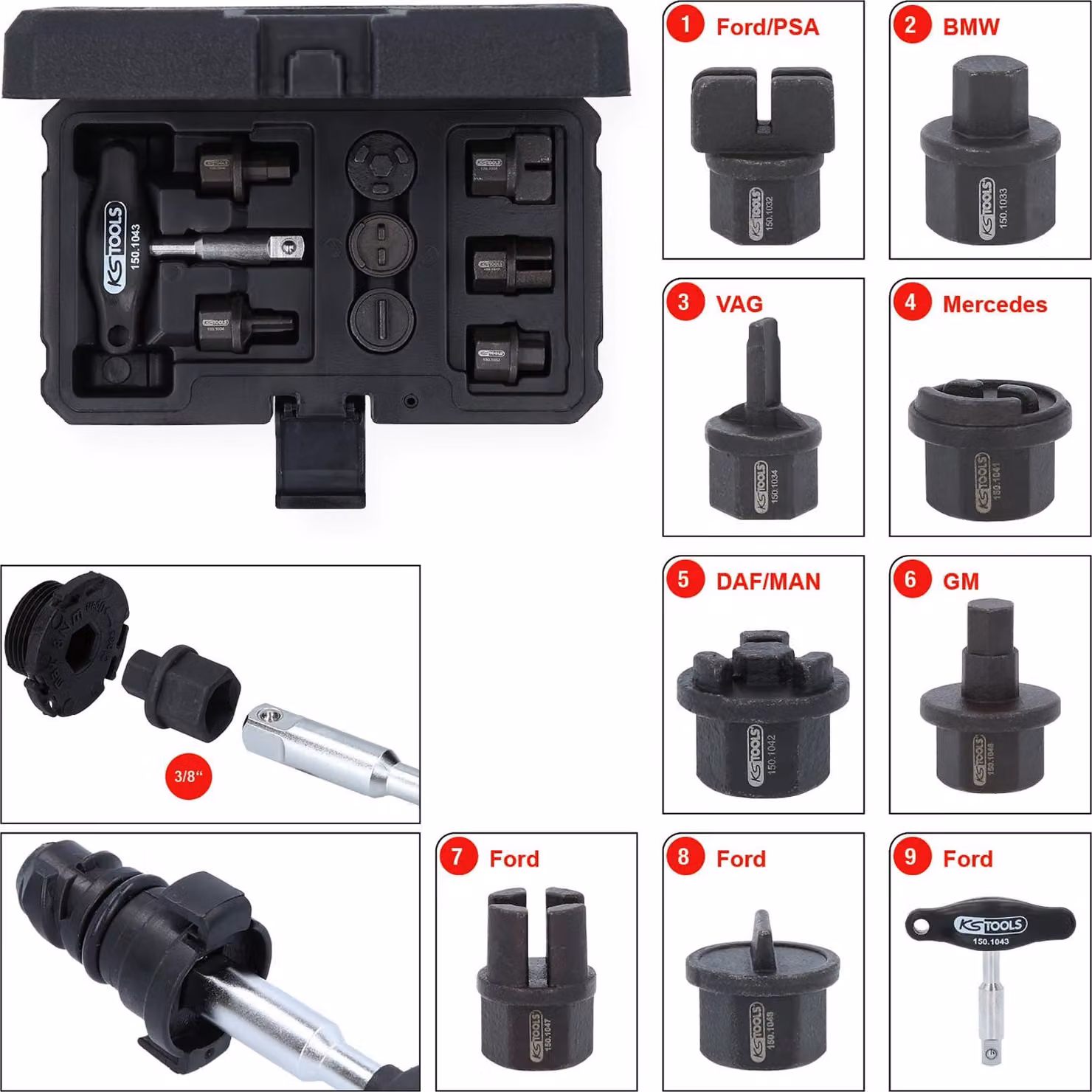KS TOOLS Set di profili speciali da 3/8" per tappi di scarico olio in plastica, 9 pezzi - 150.1040