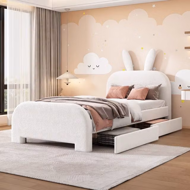 Letto moderno per bambini KOMHTOM in tessuto bianco con cassetti L/P/H: 200 x 90 x 110 cm