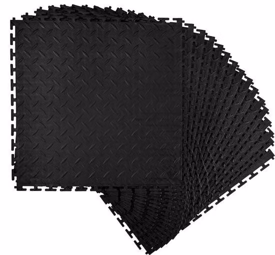 Piastrelle per pavimenti di garage, 16 pezzi, 513 x 513 x 5 mm, sistema modulare per pavimenti, piastrelle antiscivolo in PVC, ideali per officine, magazzini, depositi utensili, colore nero