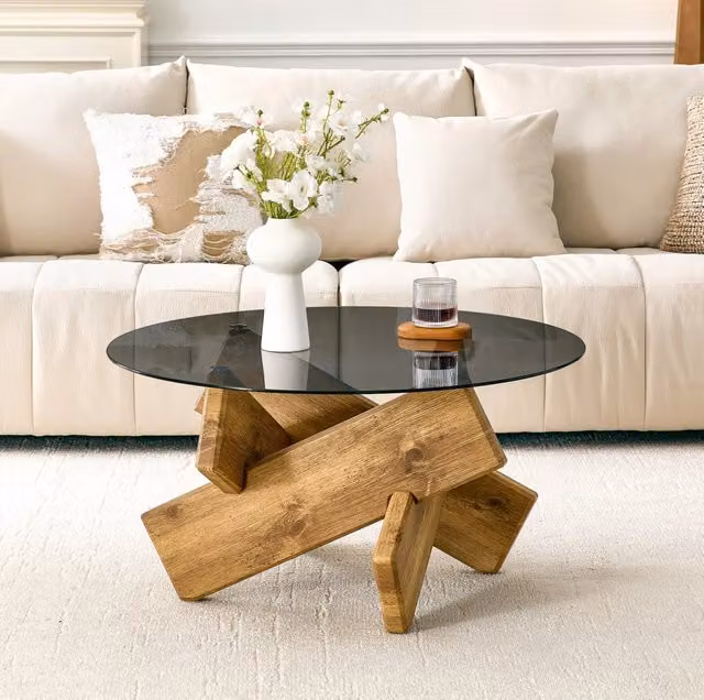 Tavolino rotondo Ø 79 cm color legno in MDF e vetro temprato
